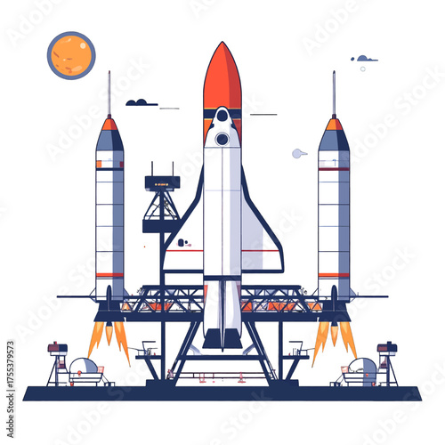 Graphic Illustration of a White and Orange Space Shuttle on Launchpad with Gantry Structure and Fuel Rocket Boosters