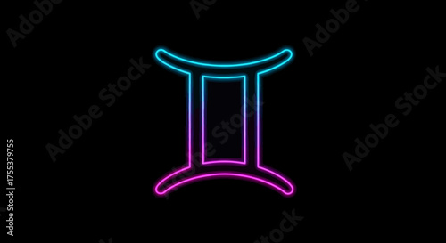 Gemini Zodiac Sign in Neon Light on Black Background.