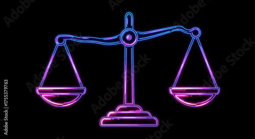 Neon Scales of Justice Illustration on Black Background.