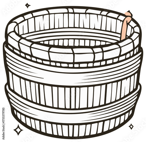 Cartoon Illustration of a Wood Fired Hot Tub with Sparkling Design Elements. Relaxing Outdoor Bath.