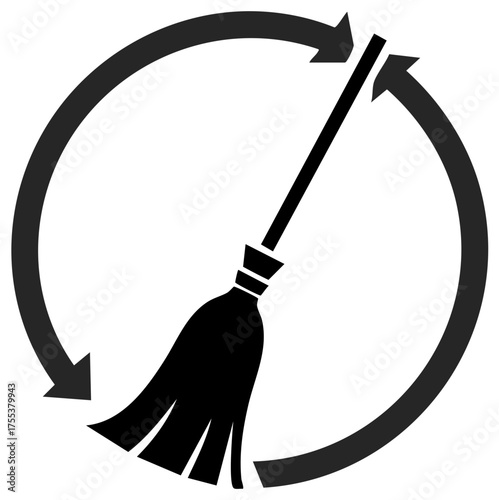 Rotating Broom Illustration in Circular Arrow Vector, Cleaning Service Conceptual Design