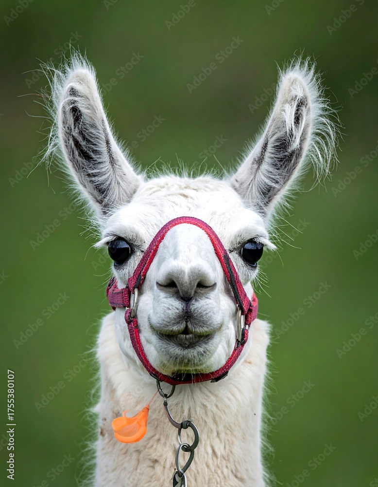 Fototapeta premium Close-up shot of a white llama with a red halter