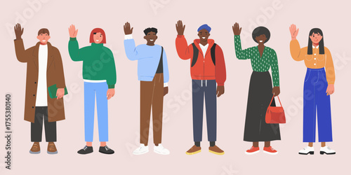 Diverse group of people waving hello with friendly expressions and casual outfits