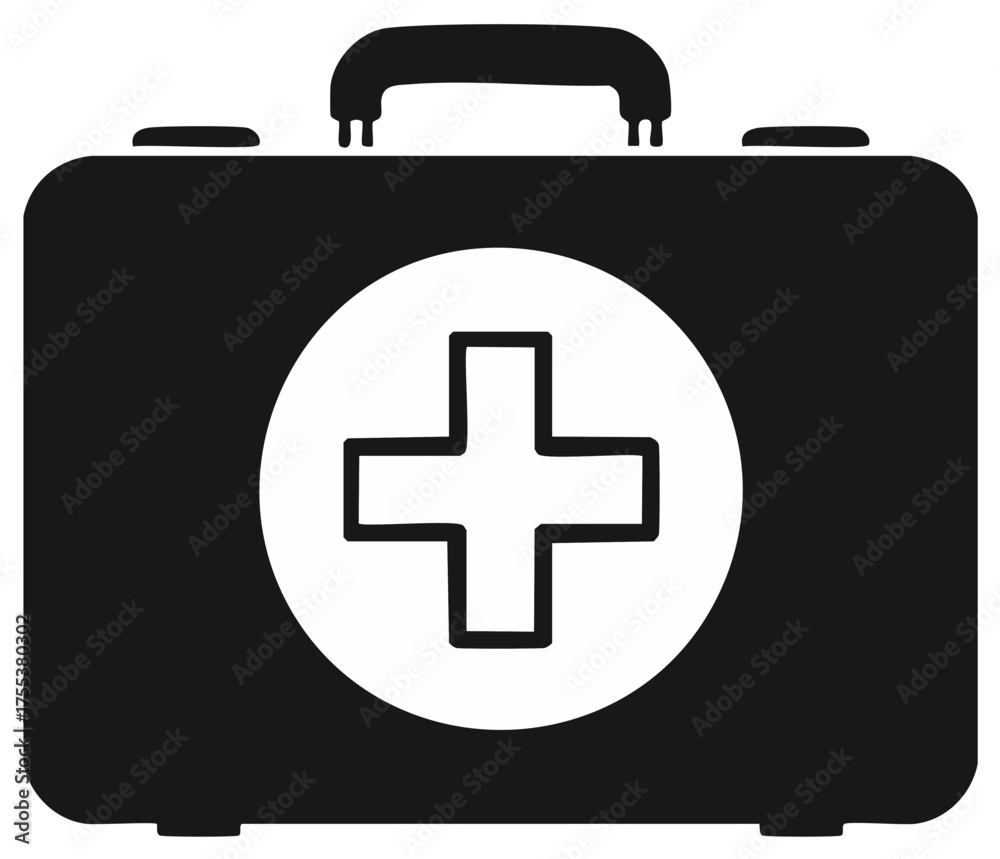 Obraz premium Simple Medical Kit Illustration, Black and White Graphic, Health Aid Equipment, First Aid Box with Cross Symbol, Emergency Care