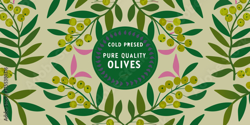 Freshly harvested green olives with leaves and text for cold pressed olive oil