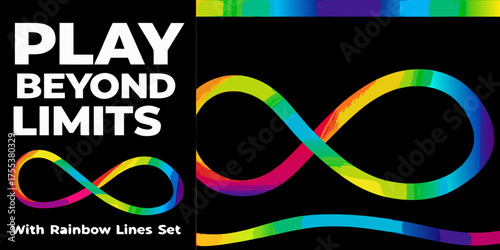 Play beyond limits with rainbow infinity symbol and lines set on black background
