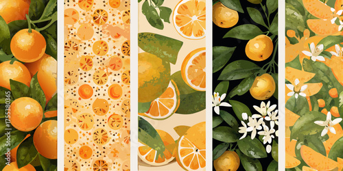 Vibrant citrus fruit collection featuring oranges lemons and blossoms in artistic styles