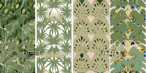 Seamless patterns featuring lush green foliage tropical palm leaves and elegant peacock feather designs
