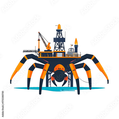 Spider Like Oil Rig on Water in Pixel Art Against White Background