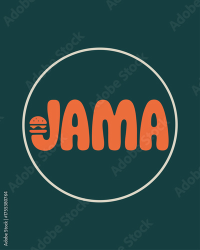 Bold Circular Fast-Food Logo with Orange Text and Burger for JAMA