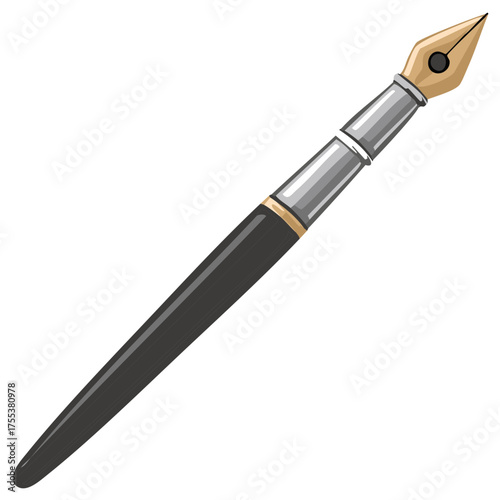 Isolated illustration of a classic fountain pen with a golden nib for writing or drawing