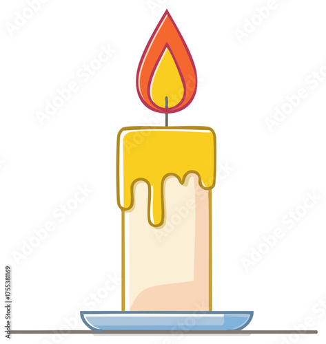 Illuminated wax candle on a plate dripping with yellow wax, flame flickering on top, cartoon illustration of the object
