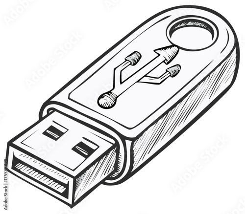Hand drawn sketch illustration of a USB flash drive for data storage and transfer technology