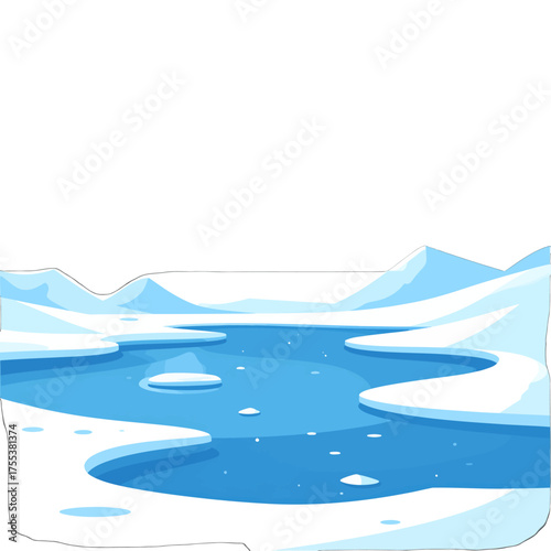 Icy River Valley in Winter with Snow Capped Mountains and Blue Water in Pixel Art Style Under Bright Lighting