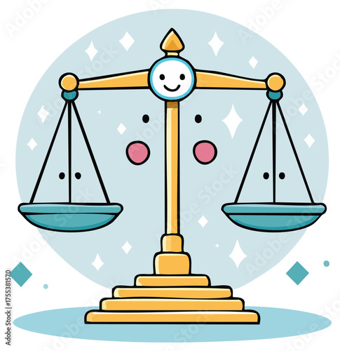 Cute cartoon justice scales concept for law, balance, decision, and fairness symbol