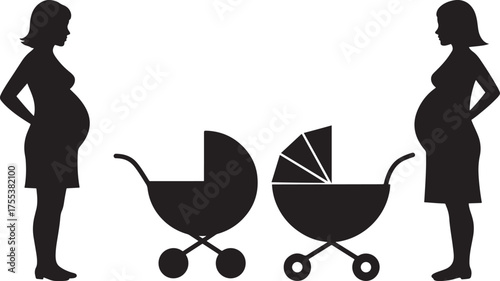 Two pregnant women and twin strollers silhouette