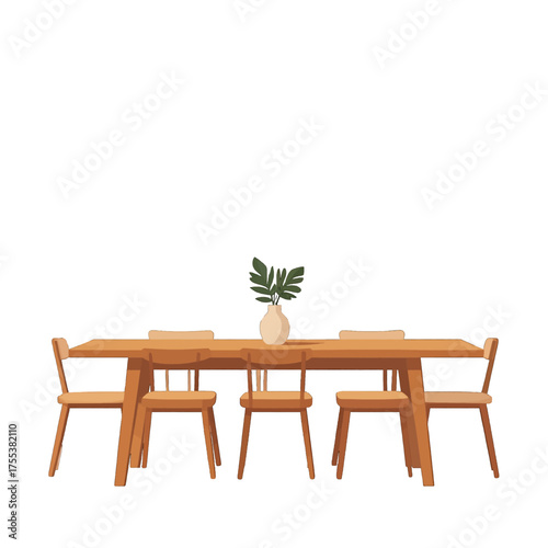 Wooden Rectangular Dining Table with Beige Vase and Green Leaves Centered Under Bright Lighting Minimalist Home Decor Illustration Isolated on White Background