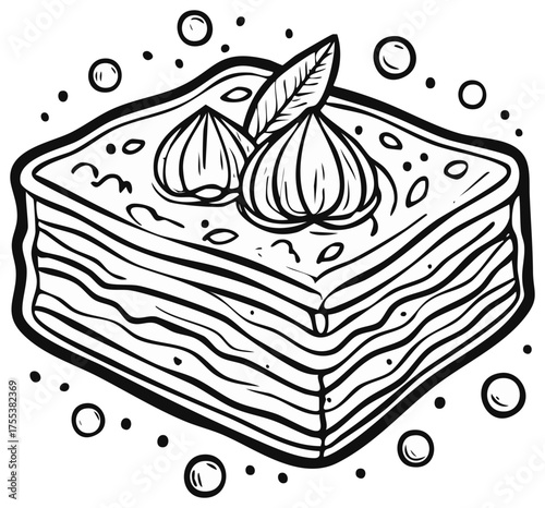 Hand drawn lasagna slice with garlic and basil garnish. Savory Italian casserole line art illustration.
