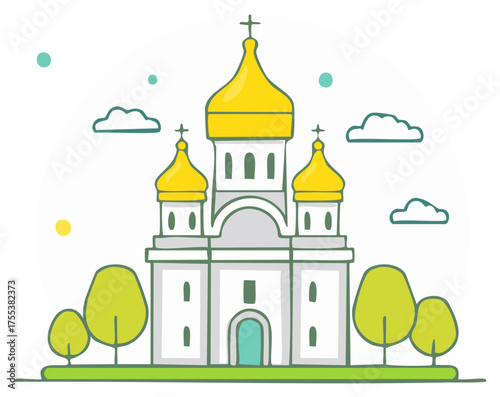 Cartoon illustration of orthodox church, trees, and clouds