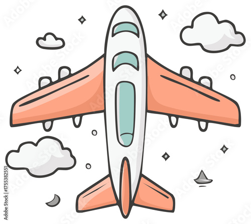 Whimsical Aircraft Flying with Clouds and Stars Above, Transportation Concept