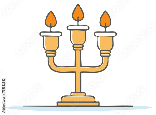 Hand drawn illustration of a classic gold candelabrum with three burning candles
