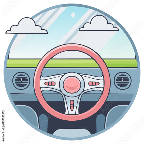 Car interior illustration with pink steering wheel and cartoon clouds driving on road trip automotive