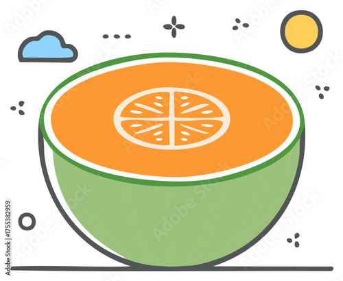 Stylized illustration of a halved cantaloupe melon with seeds visible inside a sweet orange flesh and green rind
