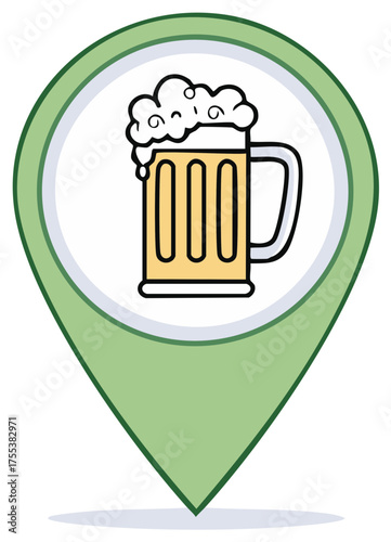 Green map pin location marker with a cartoon beer mug icon for finding a pub or brewery