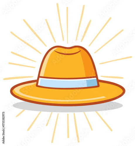 Illustration of a cartoon sunhat with white band and rays of light emanating from the object