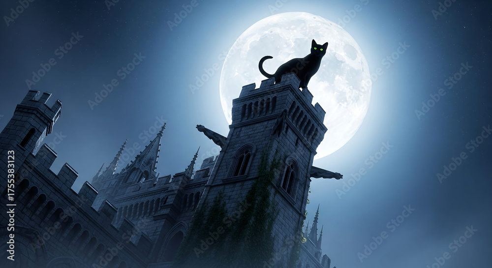 Fototapeta premium Mysterious black cat familiar watches over a spooky gothic castle under the enchanting light of a full moon, copy space
