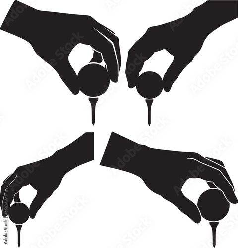 Four hands placing golf balls on tees silhouette