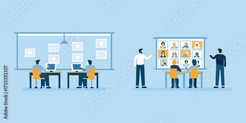 Modern office space with two distinct work environments showing in person collaboration and remote video conferencing