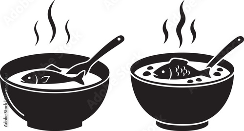Two bowls of hot fish soup silhouette