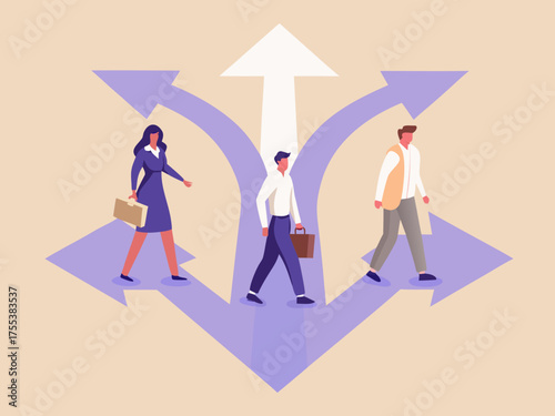 Diverse business people walking on diverging paths representing career choices and future opportunities