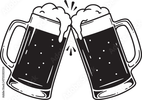 Two beer mugs clinking together silhouette