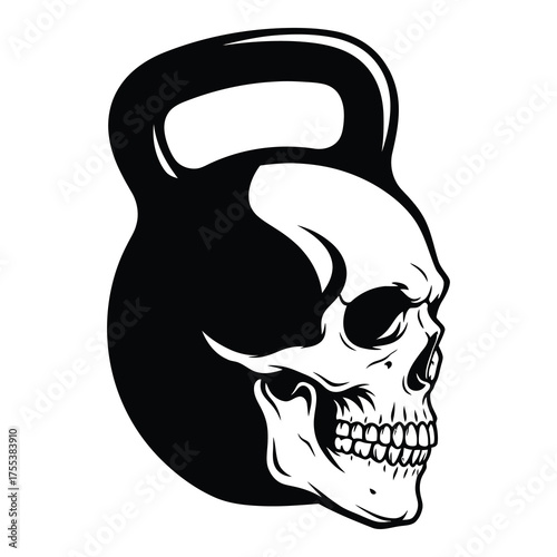 Bold skull fused with kettlebell, a powerful symbol for fitness, strength, and determination in black and white for impactful designs