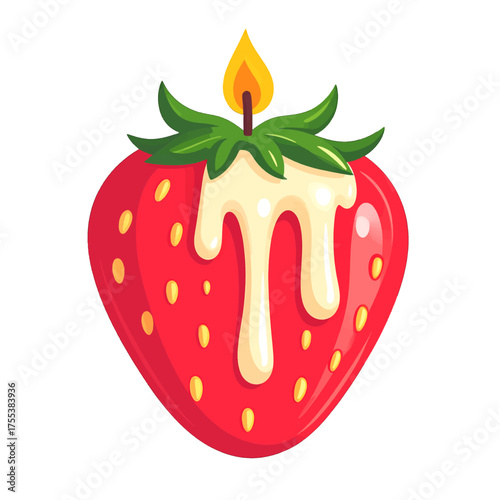 Stylized Heart Shaped Strawberry with Candle and Cream Drizzle Isolated on White Background Pixel Art Design Element
