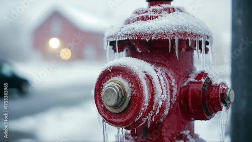 Frozen fire hydrant covered in ice during winter time near a barn in a snowy landscape