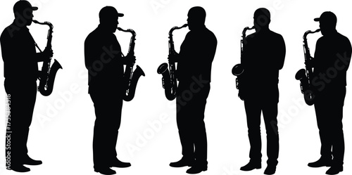 Saxophone Player Silhouettes, Man Playing Jazz Instrument, Live Music Performance, Band, and Concert Vector Graphics.