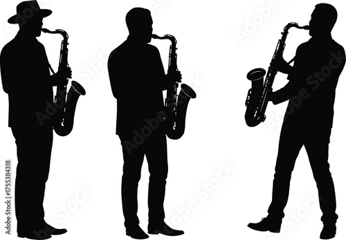 Saxophone Player Silhouettes, Man Playing Jazz Instrument, Live Music Performance, Band, and Concert Vector Graphics.