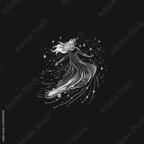 Unique black and white engraving illustration of a spiritual figure or angel riding a skateboard combined with a magical, feather-like trail through the starry night sky