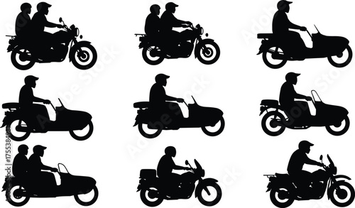 Motorcycle rider silhouettes, scooter icons, sidecar variations, black graphic set, transportation symbols, helmet posture, urban mobility, stock illustration