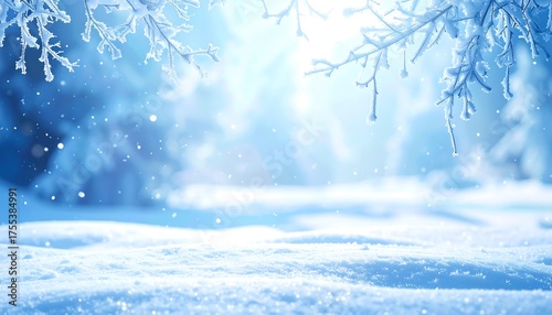 A serene winter scene with snow-covered branches and falling snowflakes