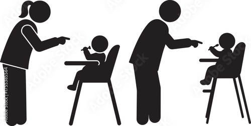 Parents feeding babies in high chairs silhouette