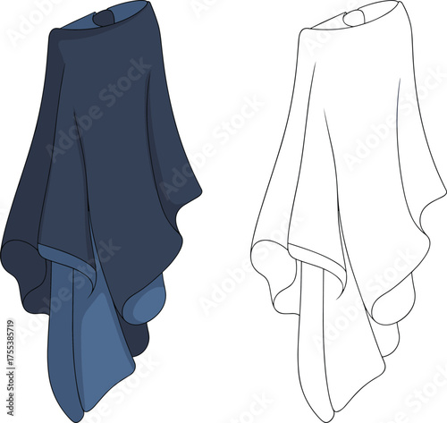 Asymmetrical draped poncho fashion flat sketch, flowy cape top design, women outerwear apparel template, stylish garment vector CAD illustration