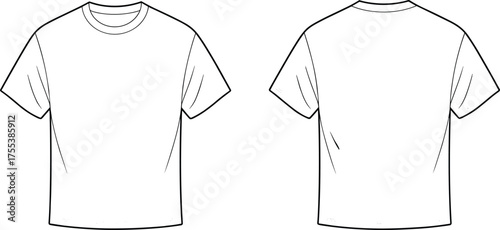 Basic unisex t-shirt fashion flat sketch, front and back technical drawing, casual short sleeve apparel design, vector CAD illustration template