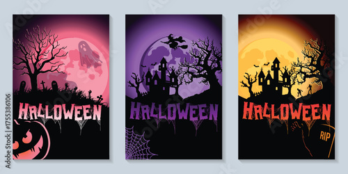 Halloween Backgrounds Vector Set. Spooky Haunted House and Ghost, vector illustration.