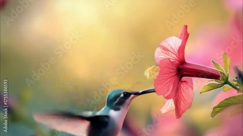 Hummingbird Feeding on Hibiscus Flower