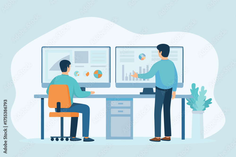 Obraz premium Two men analyzing financial data and charts on multiple computer screens in a modern office setting
