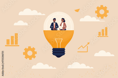 Diverse business professionals collaborate inside a glowing lightbulb symbolizing innovation and growth